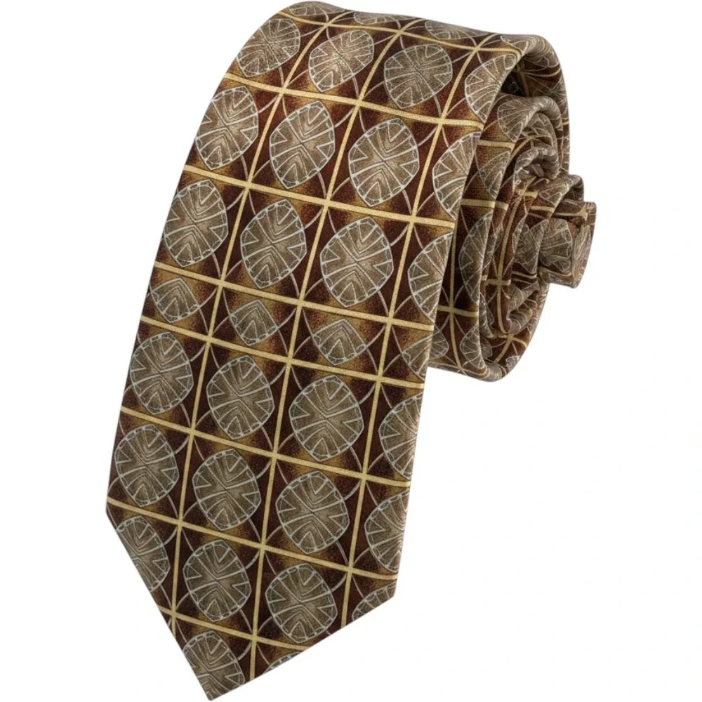 Vintage Christian Armand Necktie OS Brown Gold Geometric Medallion Hand Made